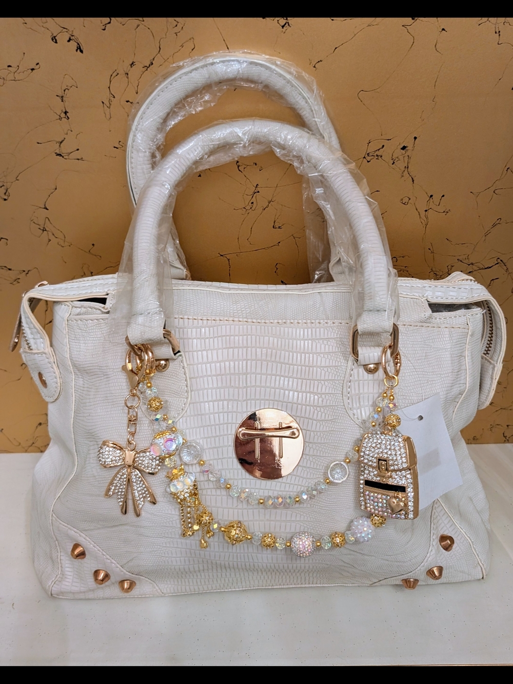 Structured White Satchel with Gold-Tone Accents - Women Bags - Picture 9 of 9